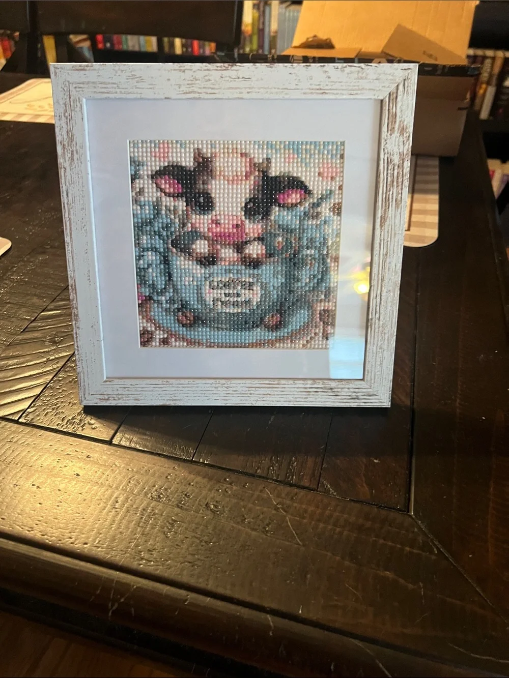 Framed Cow Diamond Art in Pastel Blue